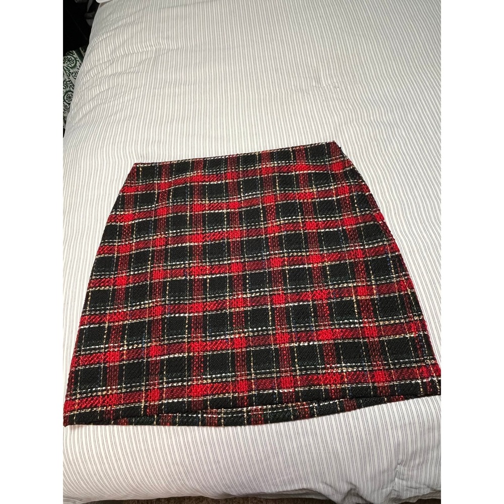 Loft Red Black Plaid Tweed Mini Skirt Size 16T Tall Boucle A-Line Lined